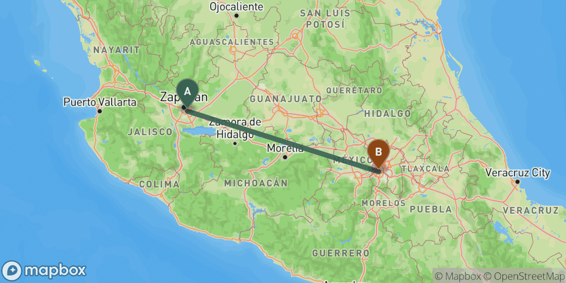 Map showing route from Guadalajara to Mexico City - 463 km