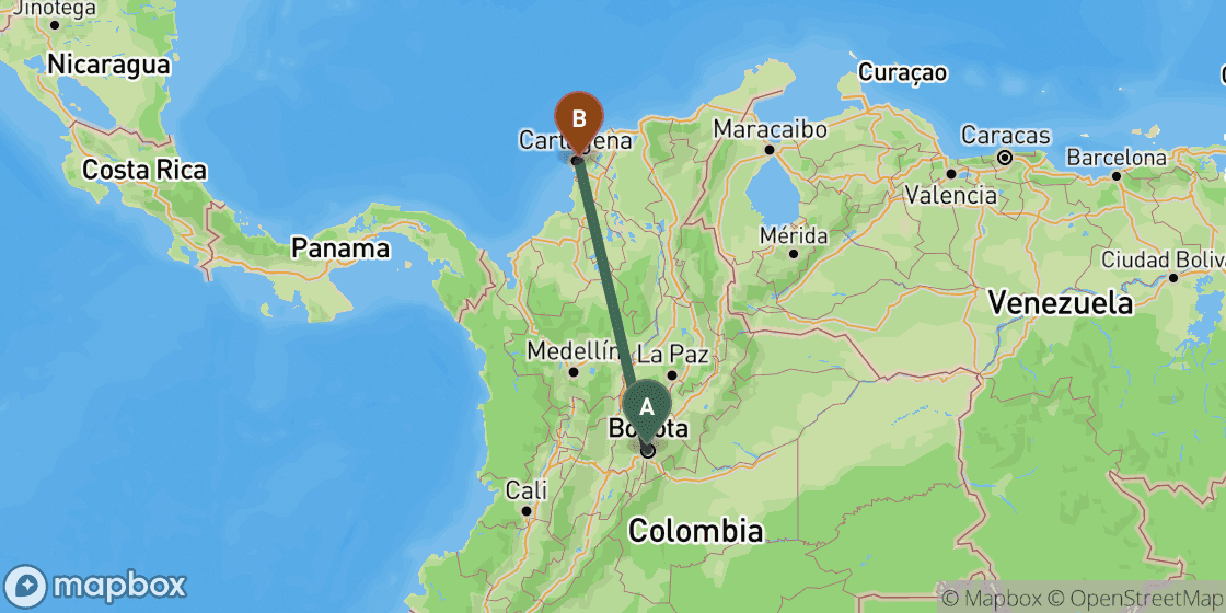 Map showing route from Bogota to Cartagena - 666 km