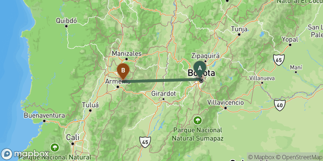 Map showing route from Bogota to Salento - 165 km