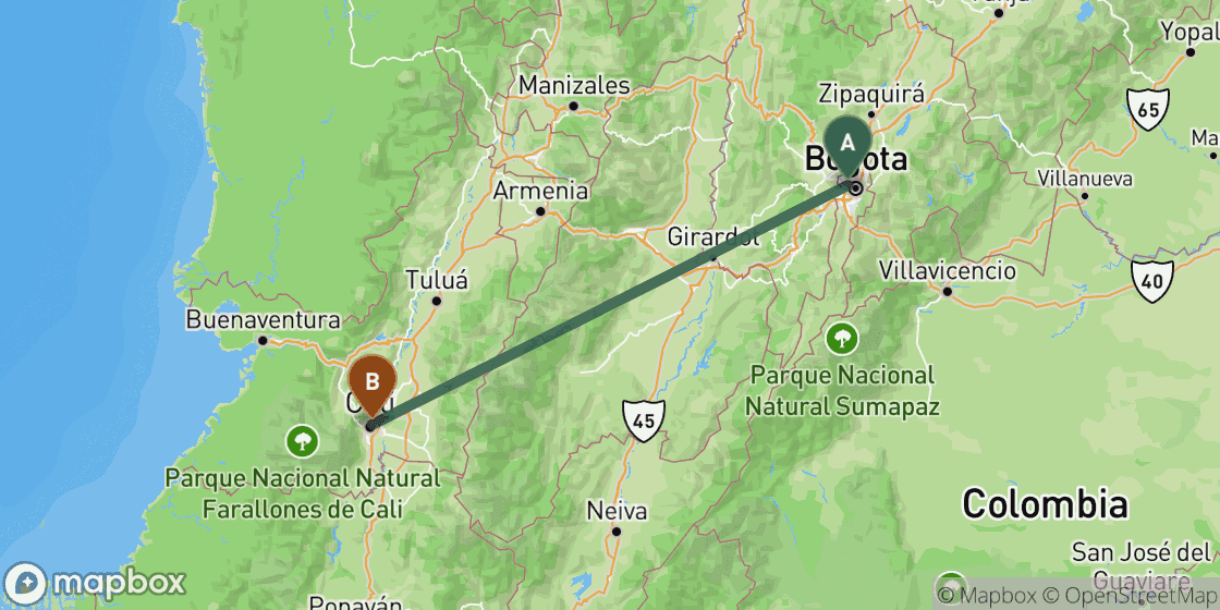 Map showing route from Bogota to Cali - 300 km