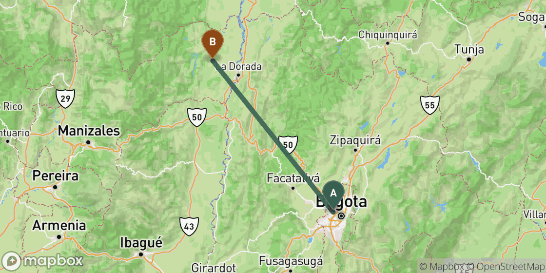 Map showing route from Bogota to Medellin - 246 km