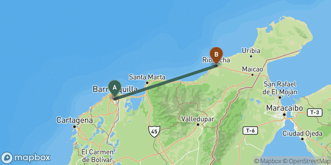Map showing route from Barranquilla to Tayrona - 102 km