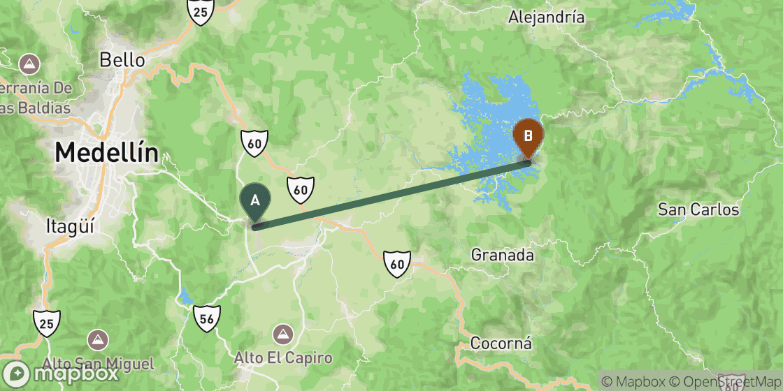 Map showing route from Medellin to Guatape - 45 km