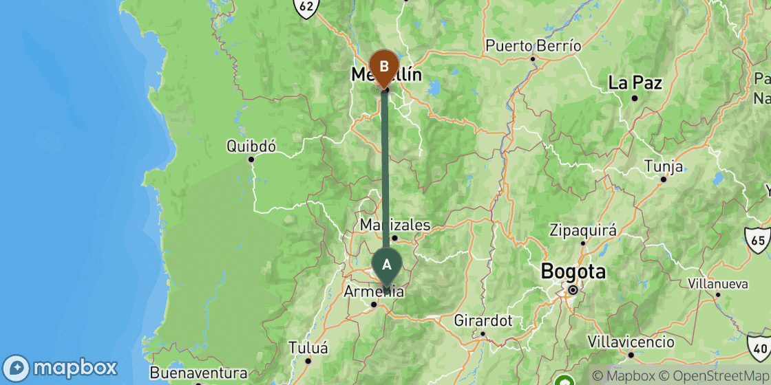 Map showing route from Salento to Medellin - 179 km