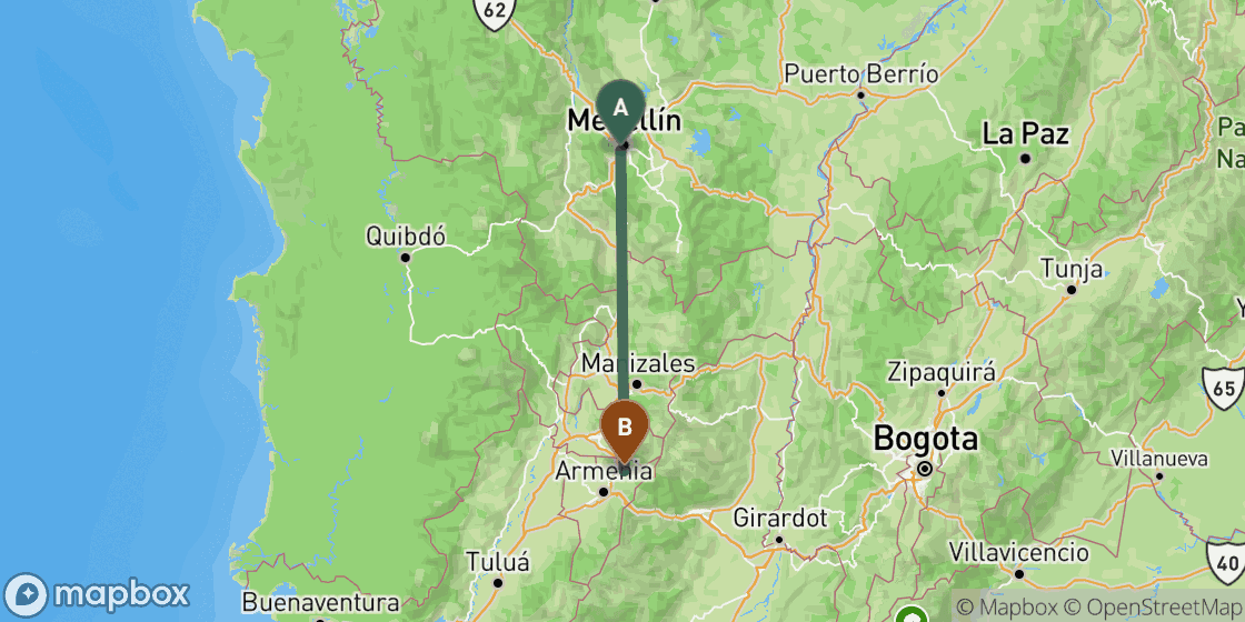 Map showing route from Medellin to Salento - 179 km