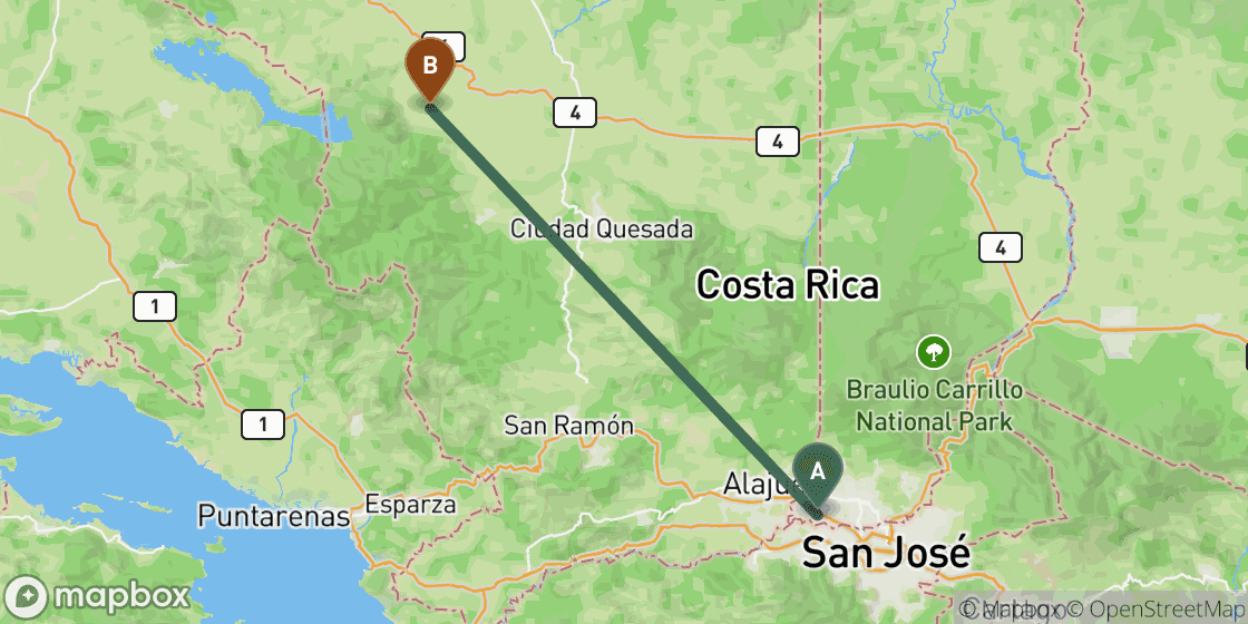 Map showing route from San Jose to La Fortuna - 86 km