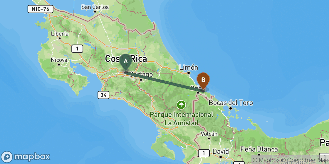 Map showing route from San Jose to Puerto Viejo de Talamanca - 148 km