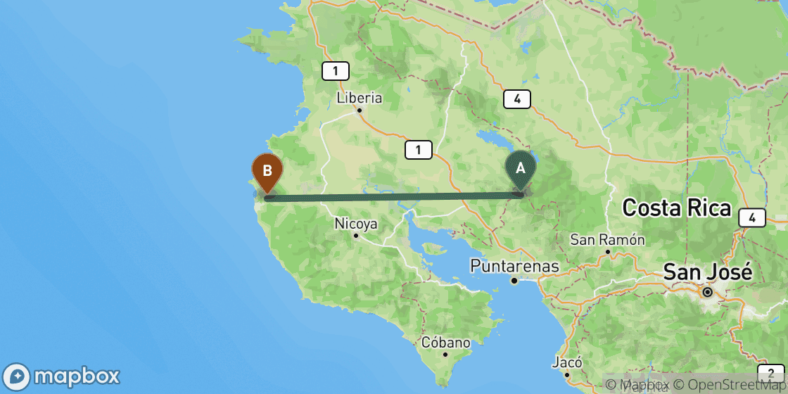 Map showing route from Monteverde to Tamarindo - 108 km