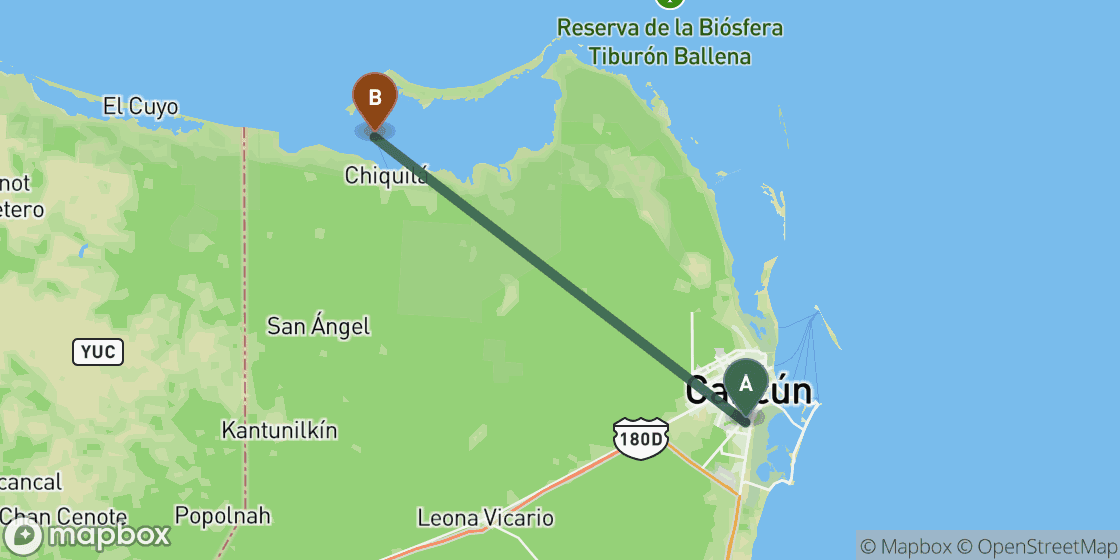 Map showing route from Cancun to Holbox - 70 km