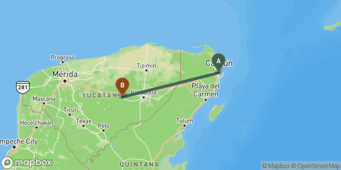 Map showing route from Cancun to Chichen Itza - 189 km
