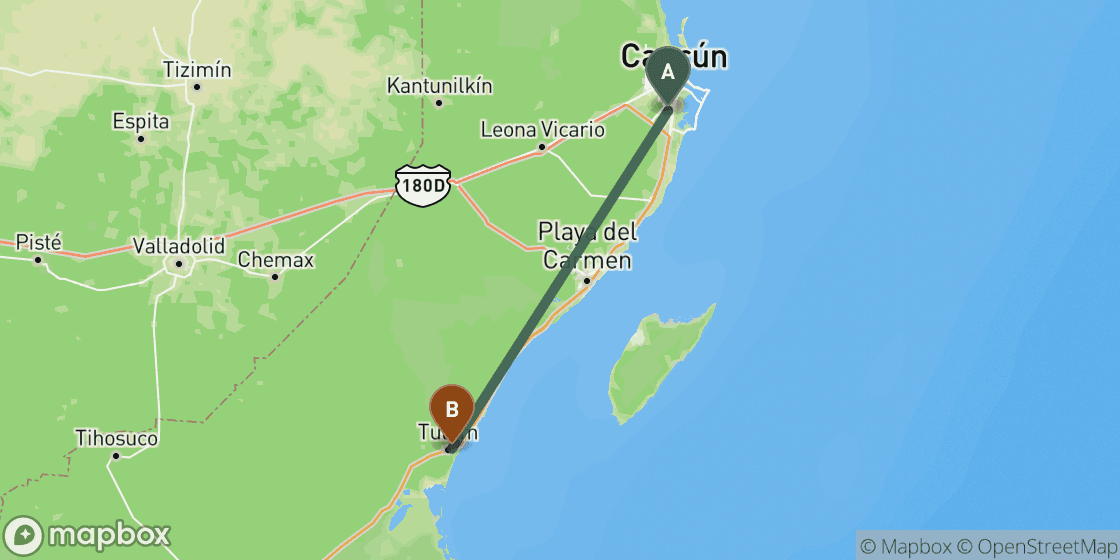Map showing route from Cancun to Tulum - 125 km