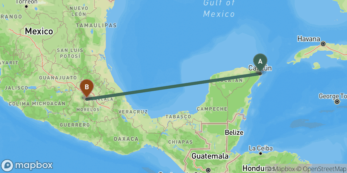 Map showing route from Cancun to Mexico City - 1,300 km
