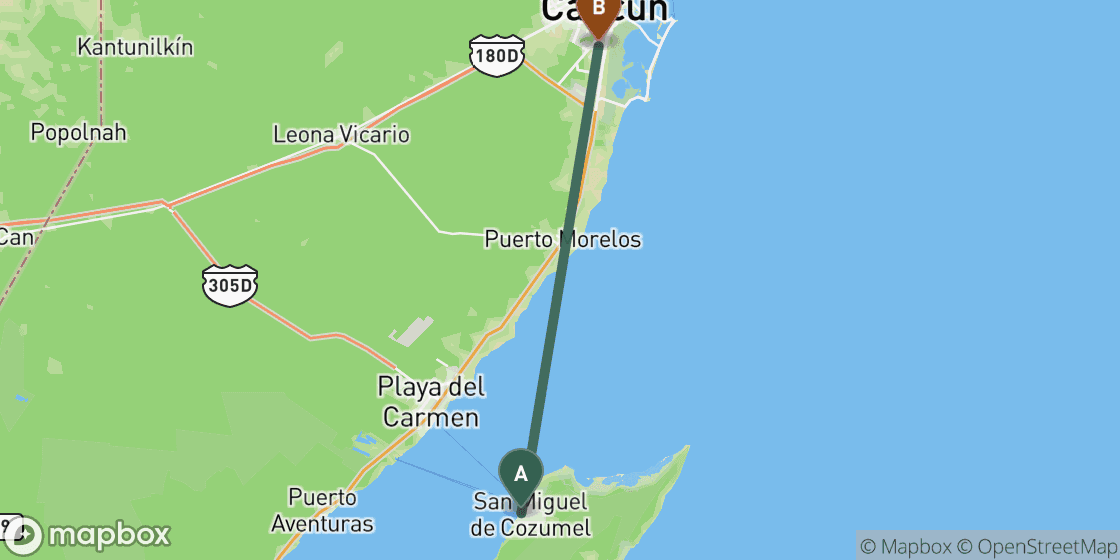 Map showing route from Cozumel to Cancun - 83 km