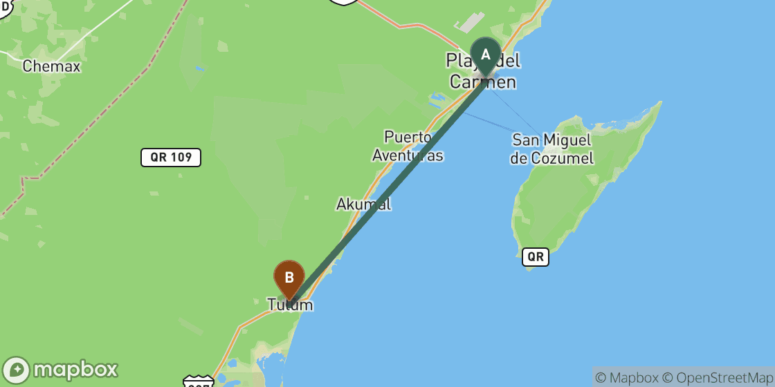 Map showing route from Playa del Carmen to Tulum - 62 km