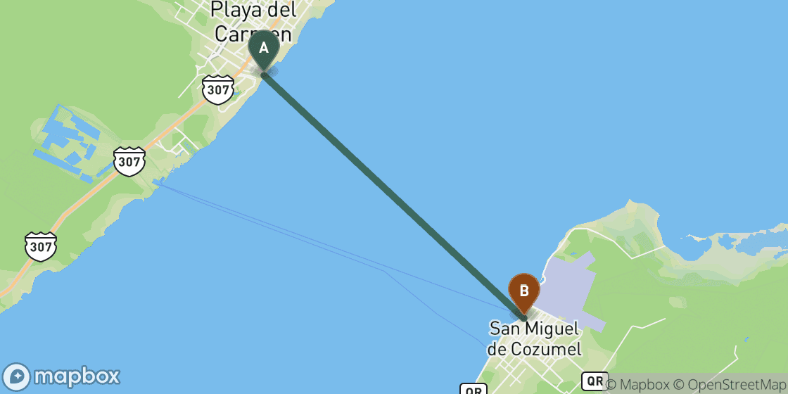 Map showing route from Playa del Carmen to Cozumel - 28 km