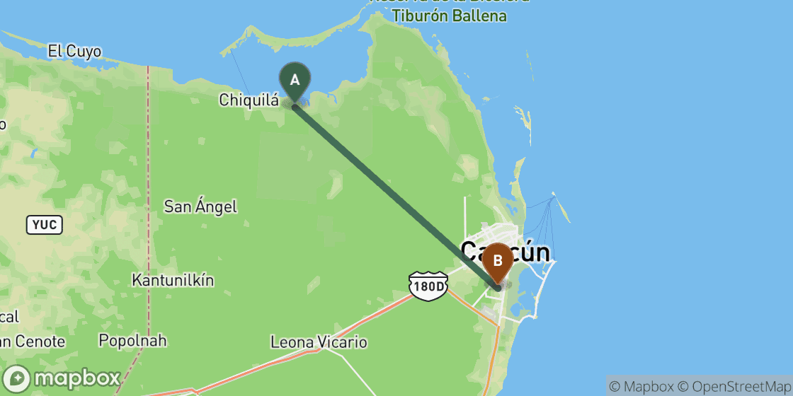 Map showing route from Holbox to Cancun - 70 km