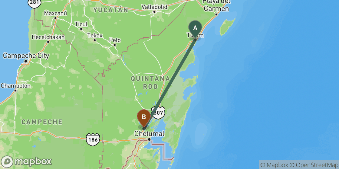 Map showing route from Tulum to Bacalar - 196 km