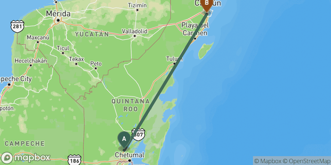 Map showing route from Bacalar to Cancun - 321 km