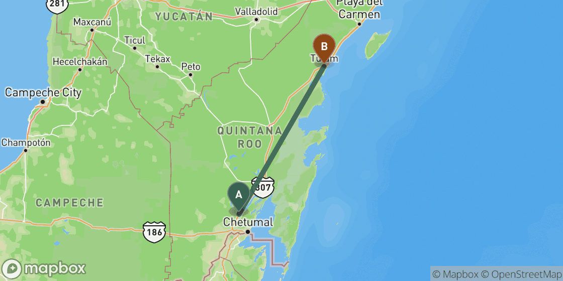 Map showing route from Bacalar to Tulum - 196 km