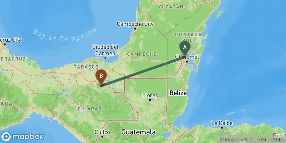 Map showing route from Bacalar to Palenque - 409 km