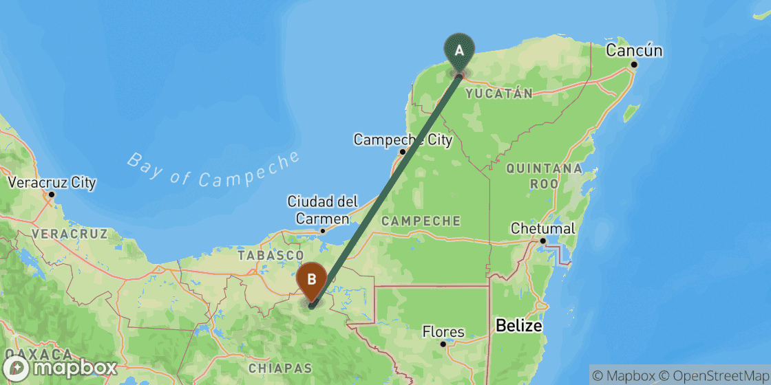 Map showing route from Merida to Palenque - 464 km
