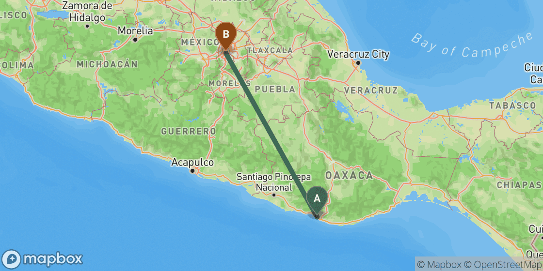 Map showing route from Puerto Escondido to Mexico City - 446 km