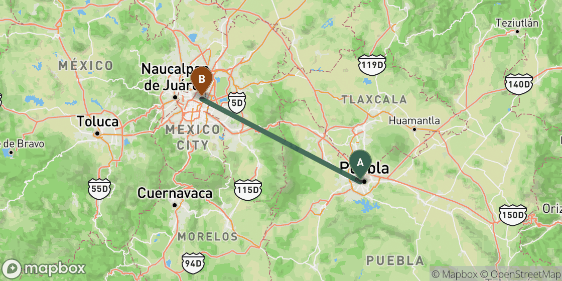 Map showing route from Puebla to Mexico City - 137 km