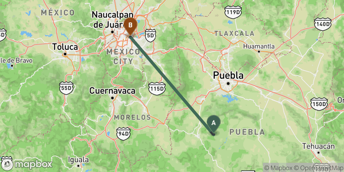 Map showing route from Oaxaca to Mexico City - 360 km