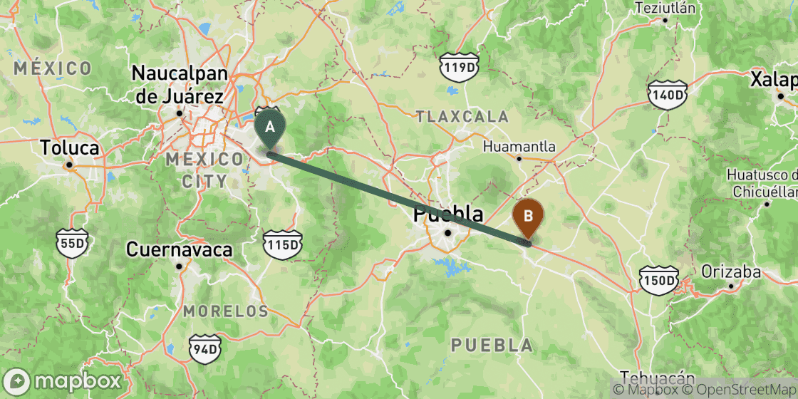 Map showing route from Mexico City to Puebla - 137 km