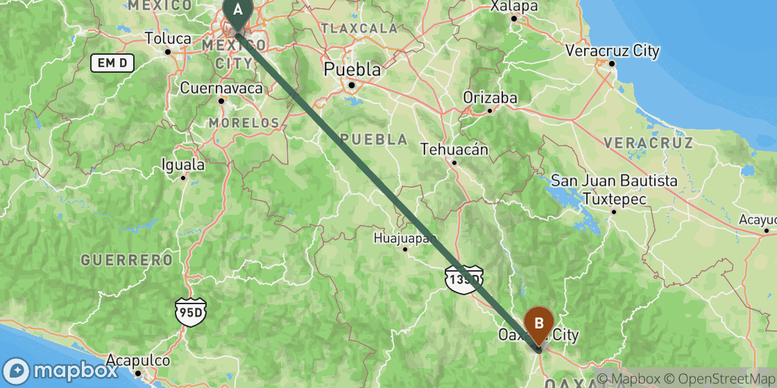 Map showing route from Mexico City to Oaxaca - 360 km