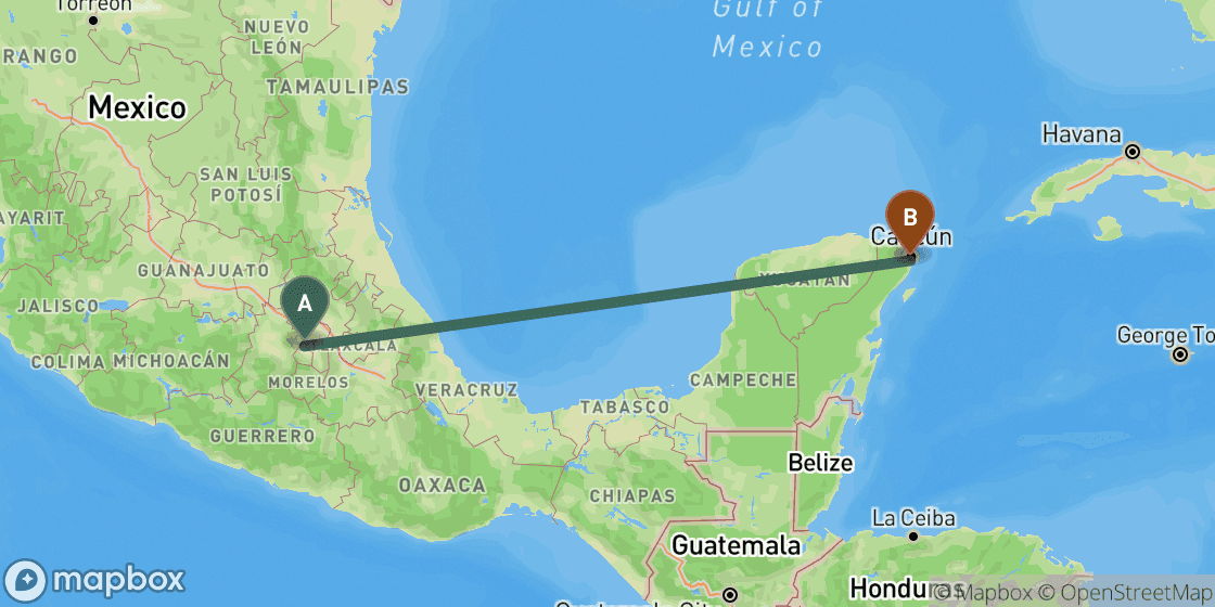 Map showing route from Mexico City to Cancun - 1,300 km