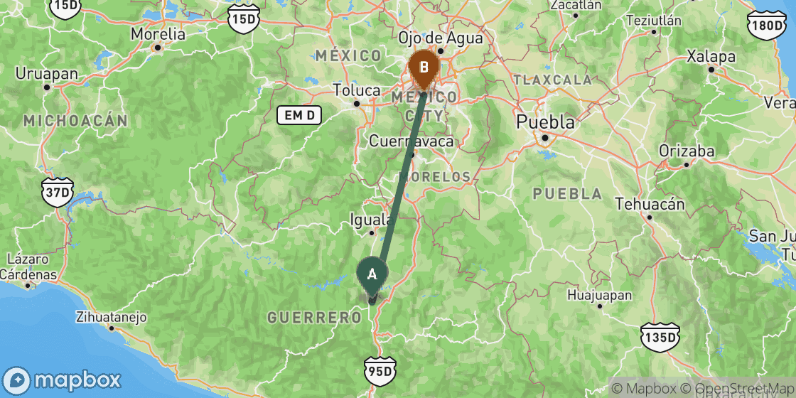 Map showing route from Acapulco to Mexico City - 288 km