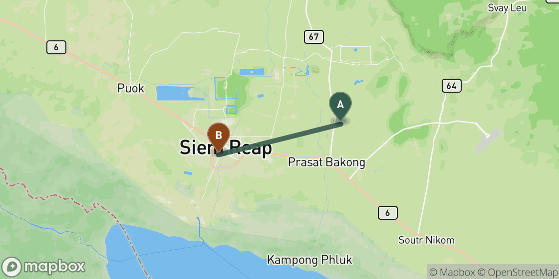 Map showing route from Siem Reap Airport to Siem Reap City Centre - 45 km