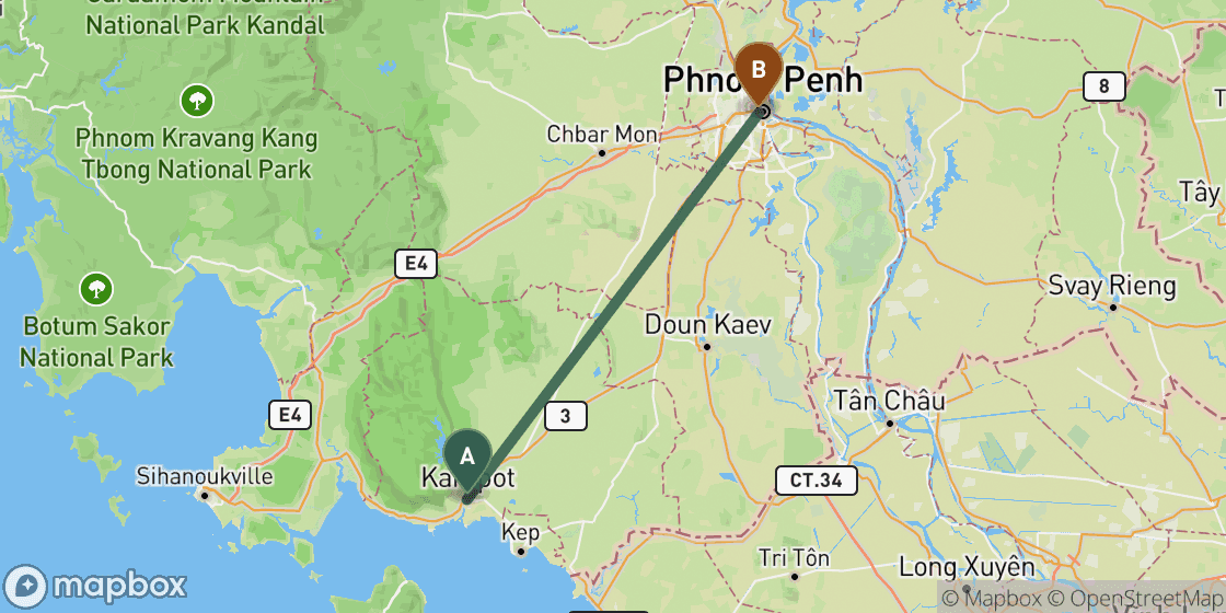 Map showing route from Kampot to Phnom Penh - 136 km