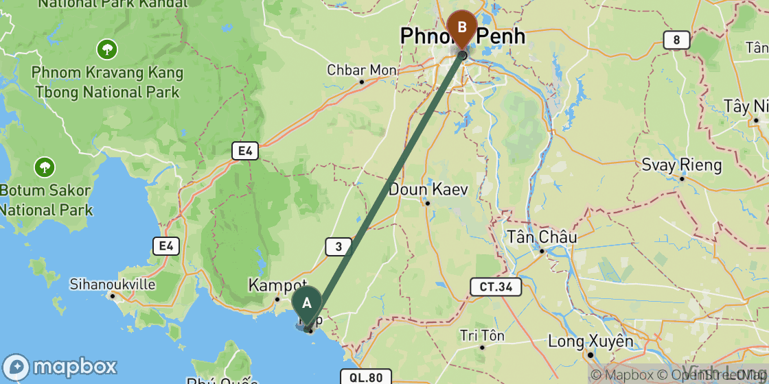 Map showing route from Kep to Phnom Penh - 138 km