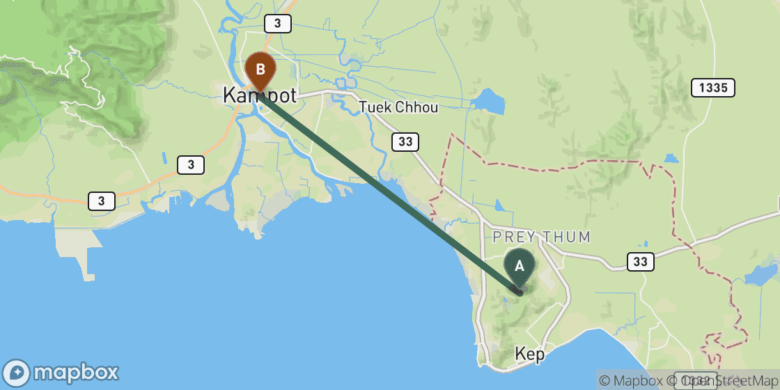 Map showing route from Kep to Kampot - 21 km