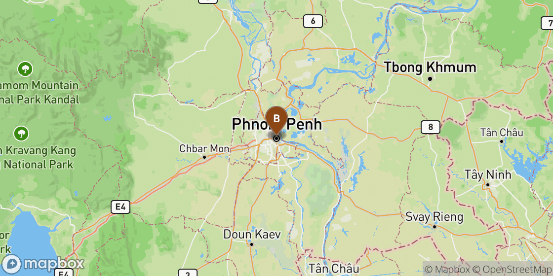 Map showing route from Phnom Penh Airport to Phnom Penh City Centre - 20 km