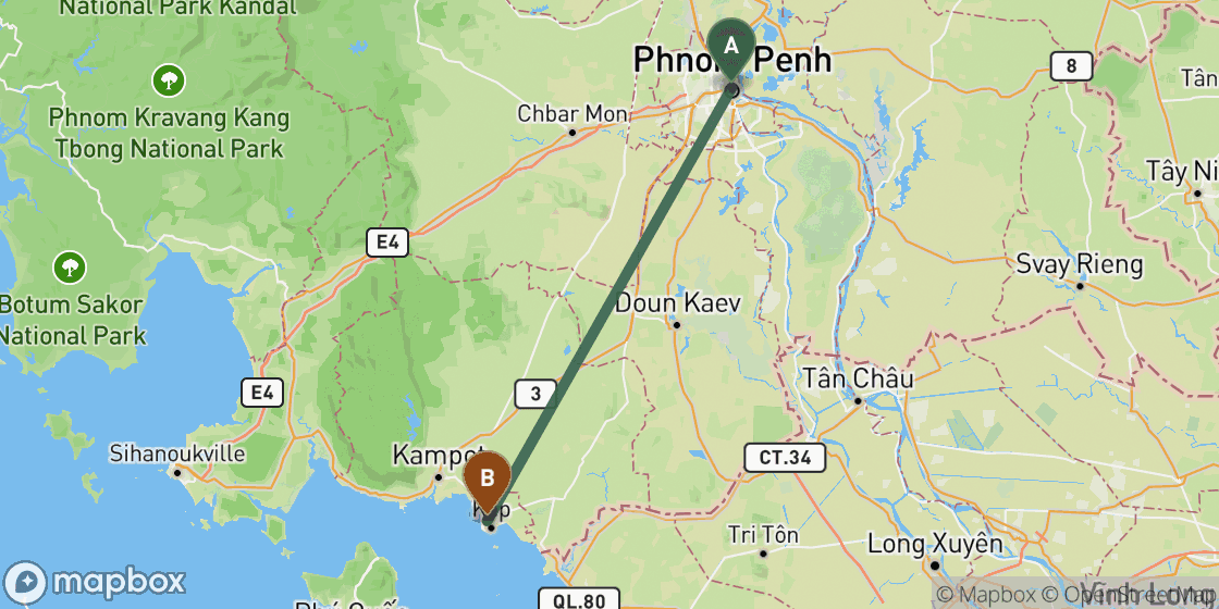 Map showing route from Phnom Penh to Kep - 138 km