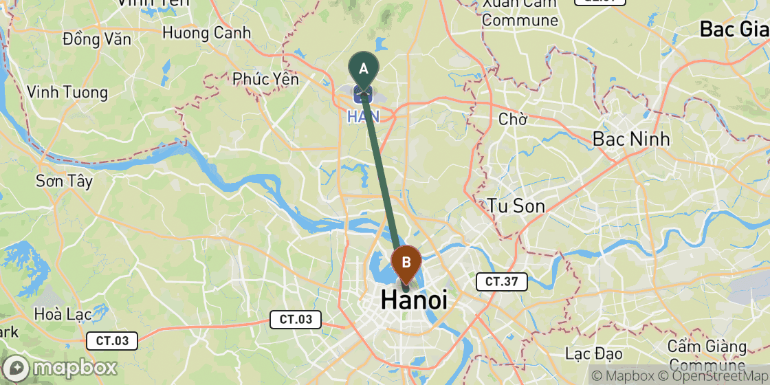 Map showing route from Hanoi Airport to Hanoi City Centre - 30 km