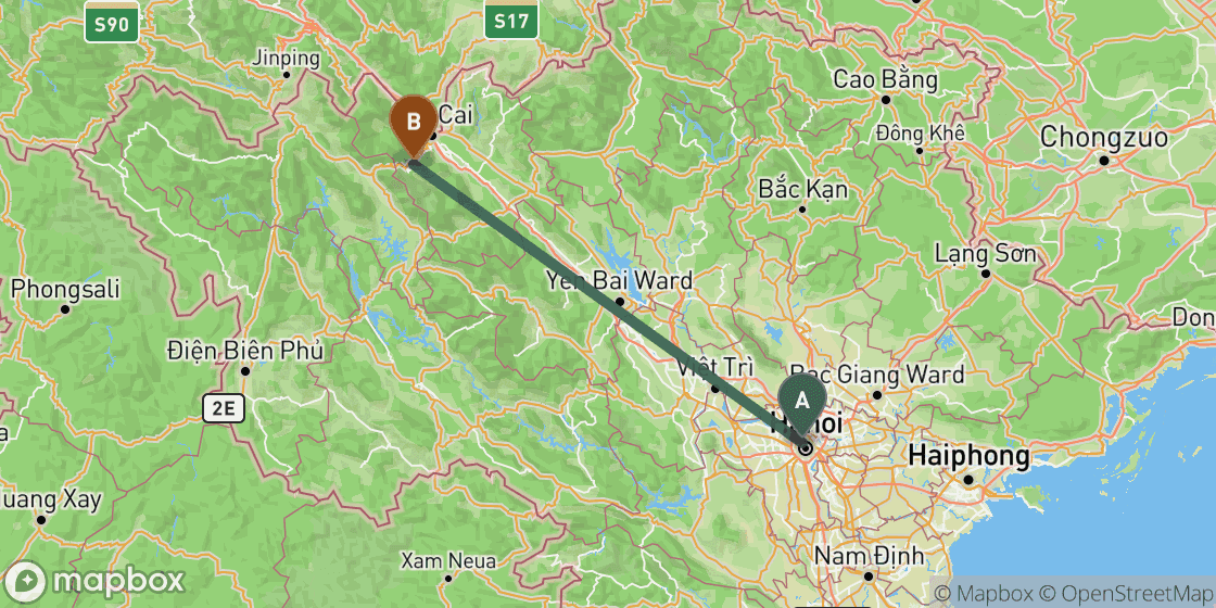 Map showing route from Hanoi to Sapa - 253 km
