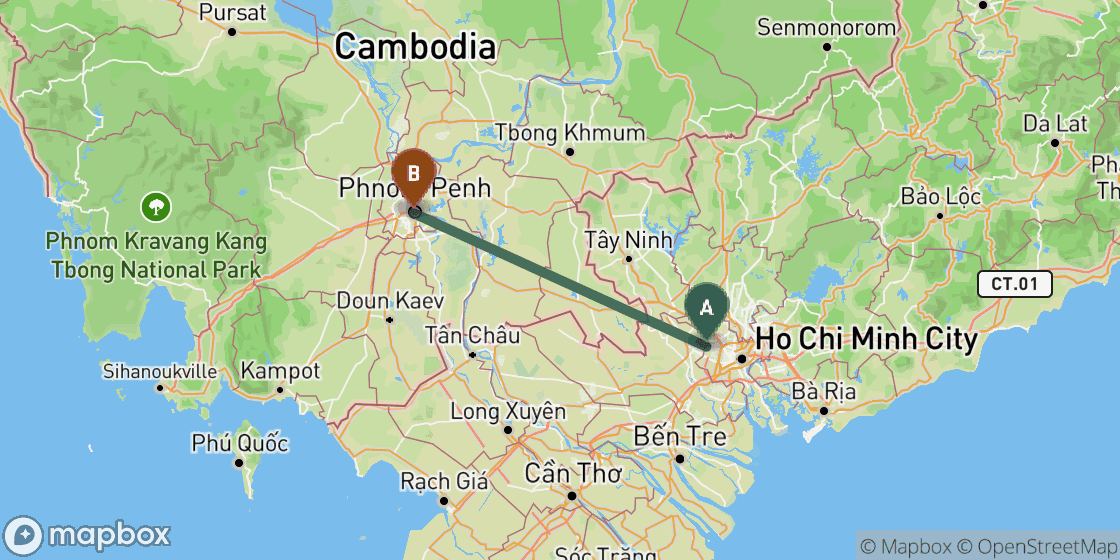 Map showing route from Ho Chi Minh to Phnom Penh - 213 km