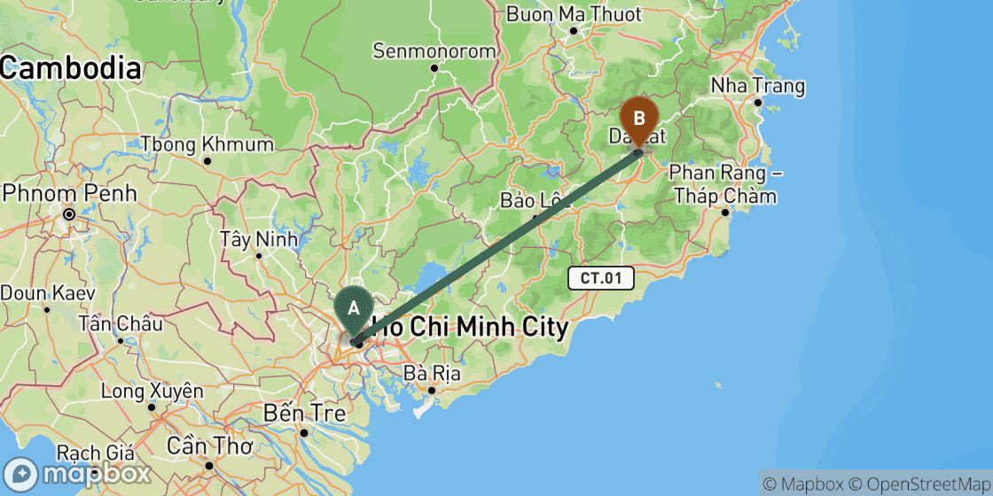 Map showing route from Ho Chi Minh to Dalat - 229 km