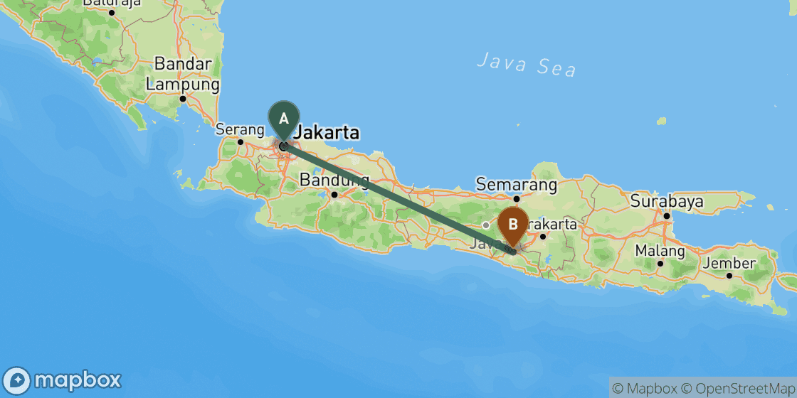 Map showing route from Jakarta to Yogyakarta - 430 km