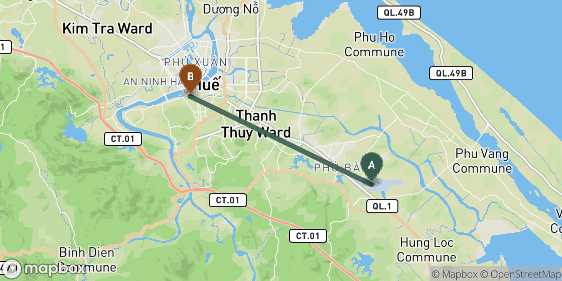 Map showing route from Hue Airport to Hue City Centre - 15 km