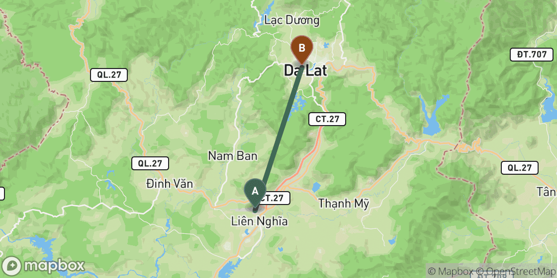 Map showing route from Dalat Airport to Dalat City Centre - 30 km