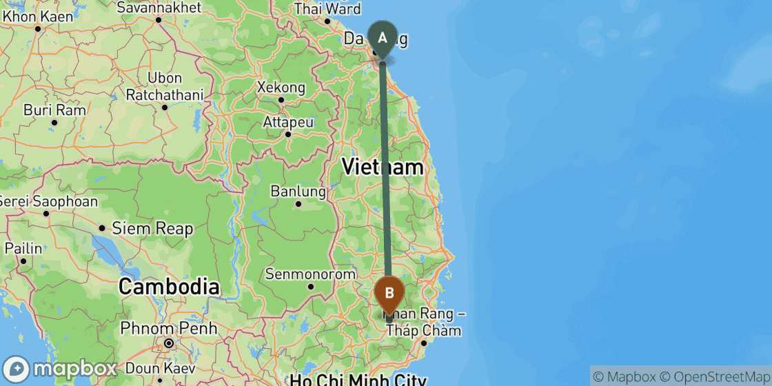 Map showing route from Hoi An to Dalat - 438 km