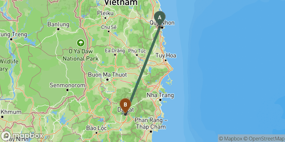 Map showing route from Quy Nhon to Dalat - 221 km
