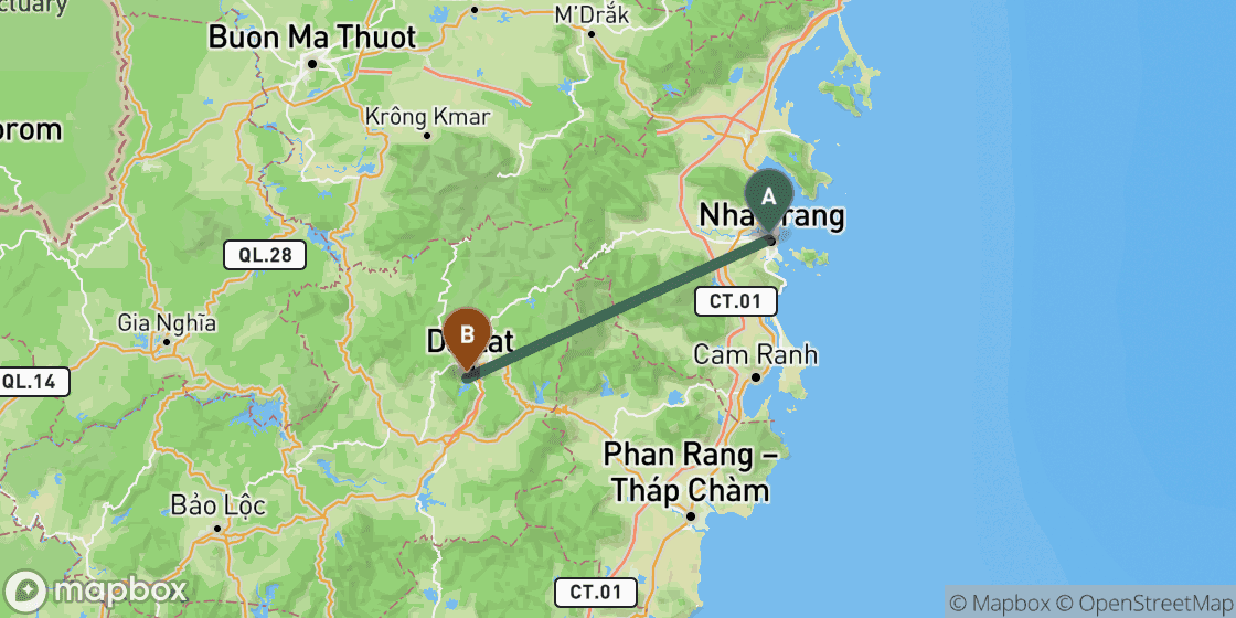 Map showing route from Nha Trang to Dalat - 89 km