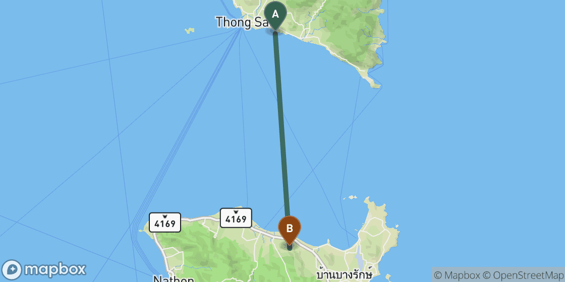 Map showing route from Koh Phangan to Koh Samui - 27 km