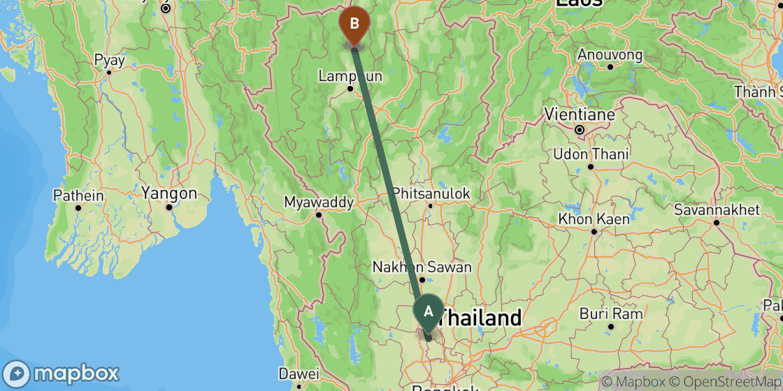 Map showing route from Bangkok to Chiang Mai - 589 km